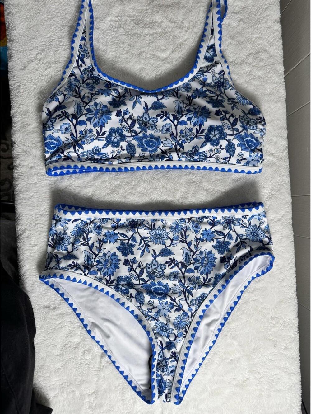Women's Bikini Set Blue Floral Print Whip Stitch 2 Piece Swimsuits Size XL New